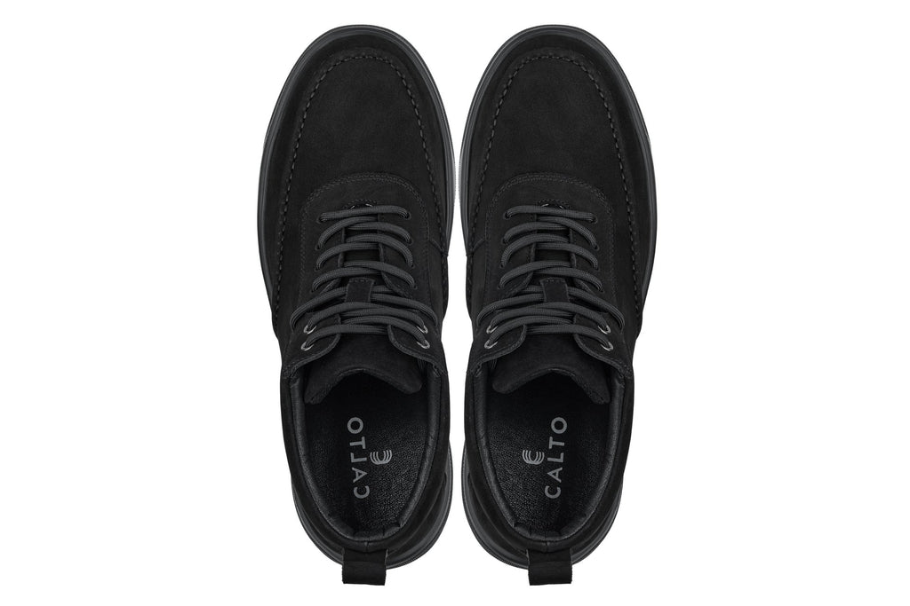 CALTO - Y7113 - 2.8 Inches Taller (Black) - Nubuck Suede Moc-Toe Sneak-Boots - WonderingCloth