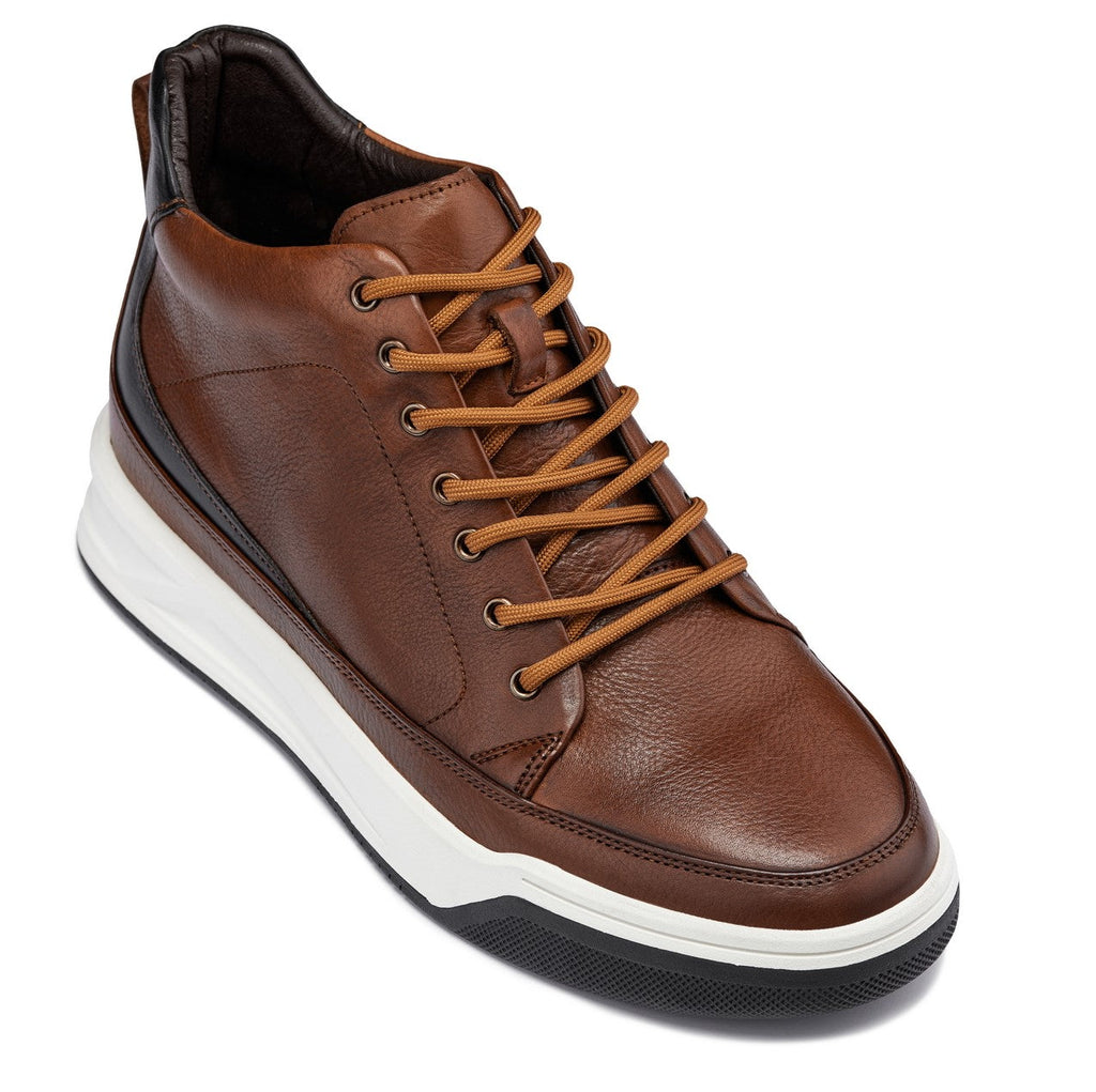 CALTO - Y7153 - 2.6 Inches Taller (Brown) - Leather Ankle Top Sneak-Boot - WonderingCloth