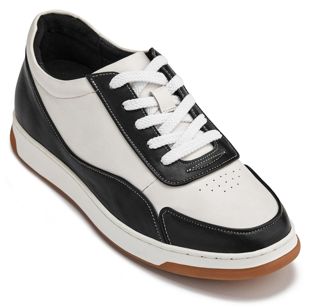 CALTO - Y7884 - 2.6 Inches Taller (Black/White/White & Gum Sole) - Elevated Leather Sneakers - WonderingCloth