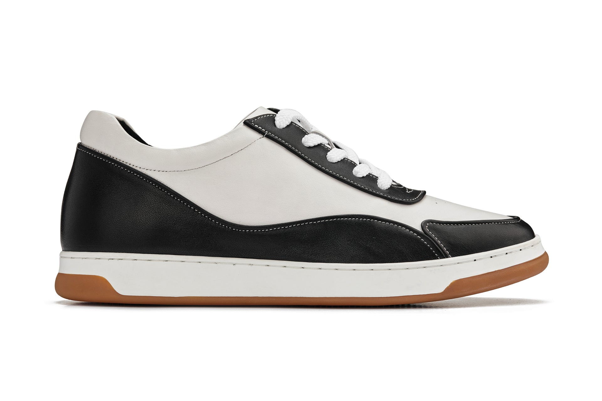 CALTO - Y7884 - 2.6 Inches Taller (Black/White/White & Gum Sole) - Elevated Leather Sneakers - WonderingCloth