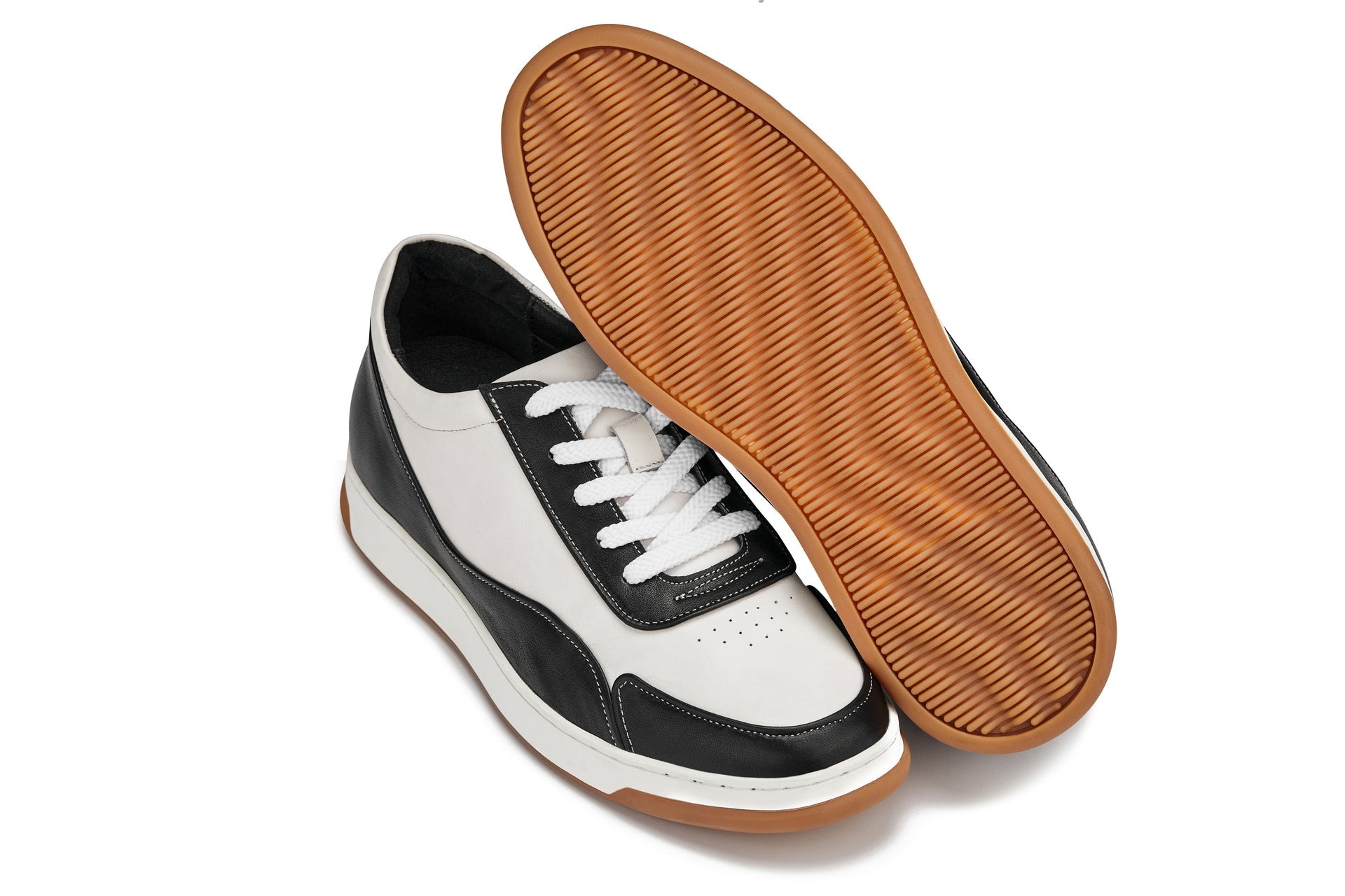 CALTO - Y7884 - 2.6 Inches Taller (Black/White/White & Gum Sole) - Elevated Leather Sneakers - WonderingCloth