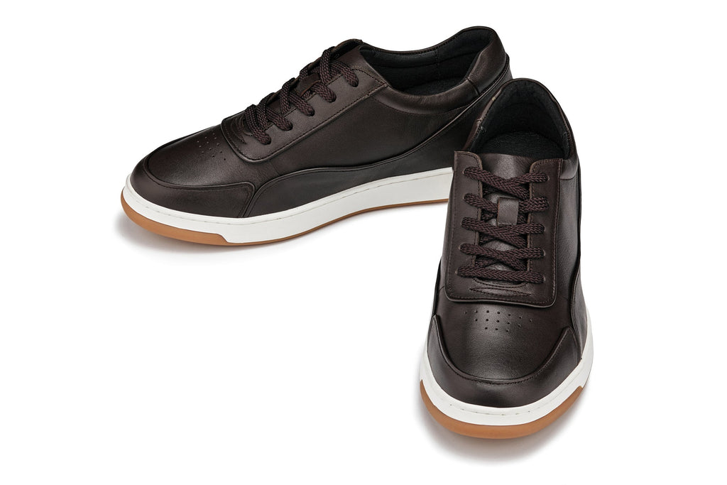 CALTO - Y7887 - 2.6 Inches Taller (Deep Espresso/White & Gum Sole) - Elevated Leather Sneakers - WonderingCloth