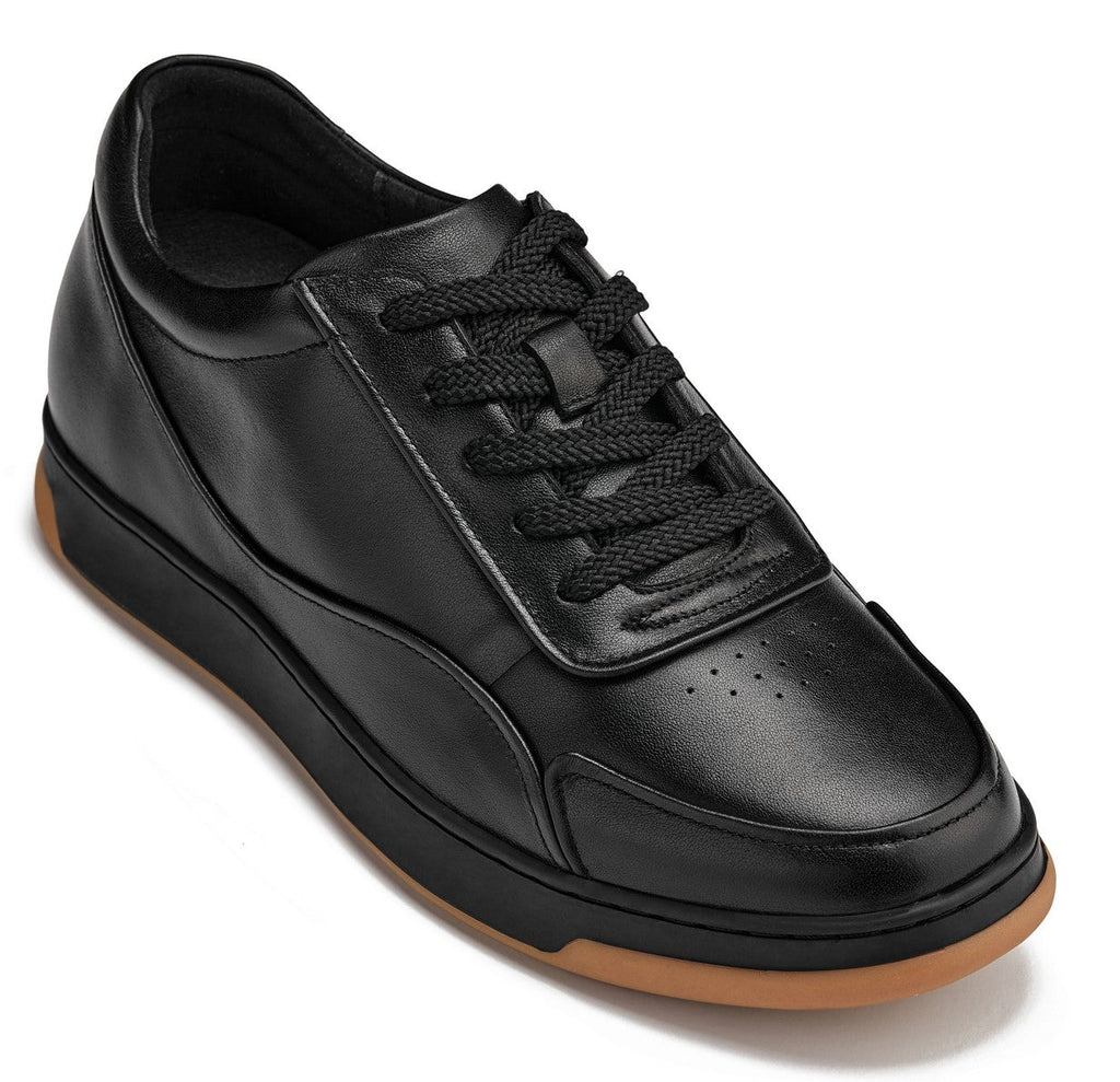CALTO - Y7888 - 2.6 Inches Taller (Noir/Black & Gum Sole) - Elevated Leather Sneakers - WonderingCloth