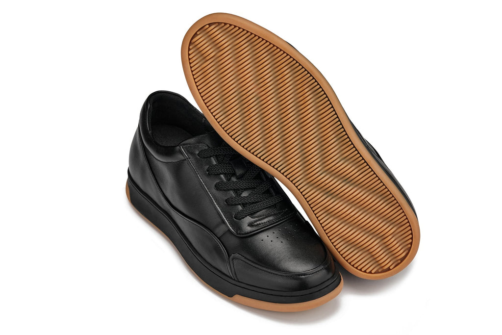 CALTO - Y7888 - 2.6 Inches Taller (Noir/Black & Gum Sole) - Elevated Leather Sneakers - WonderingCloth