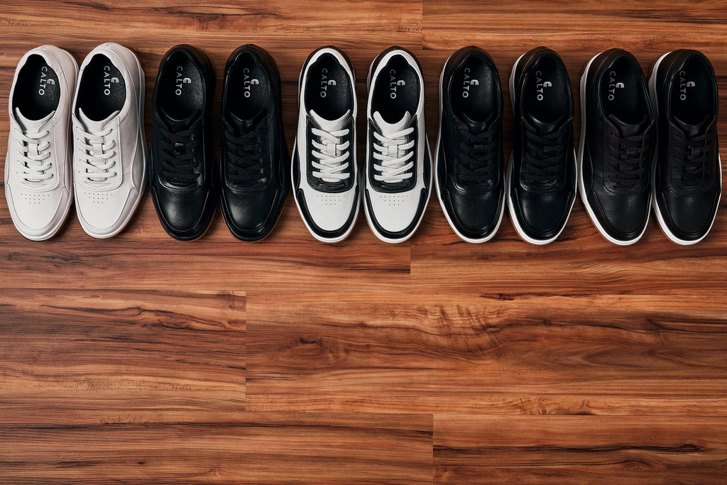CALTO - Y7887 - 2.6 Inches Taller (Deep Espresso/White & Gum Sole) - Elevated Leather Sneakers - WonderingCloth