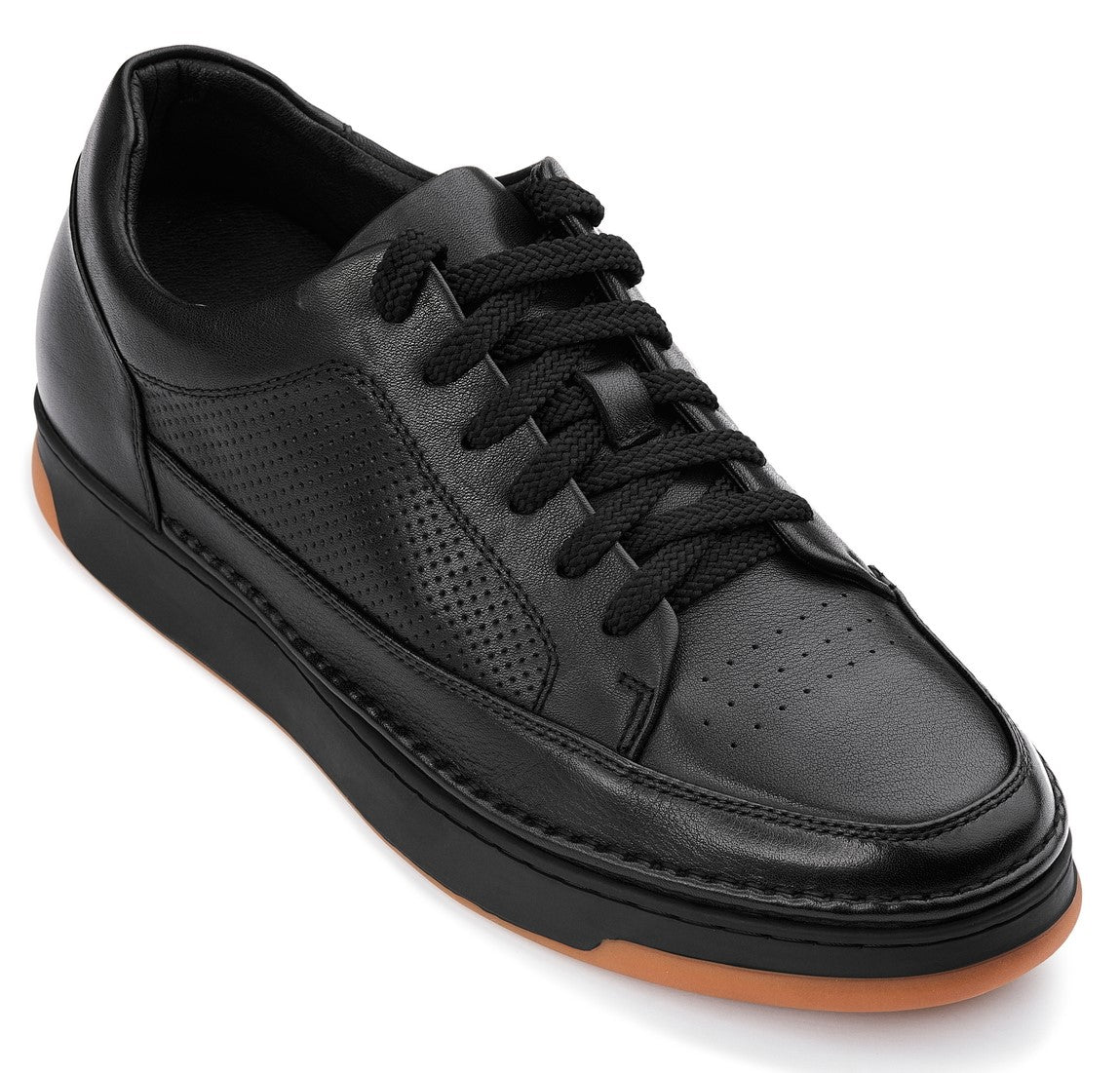CALTO - Y7931 - 2.6 Inches Taller (Noir/Black & Gum Sole) - Elevated Leather Micro-Perforated Sneakers - WonderingCloth