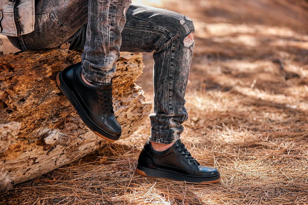CALTO - Y7931 - 2.6 Inches Taller (Noir/Black & Gum Sole) - Elevated Leather Micro-Perforated Sneakers - WonderingCloth