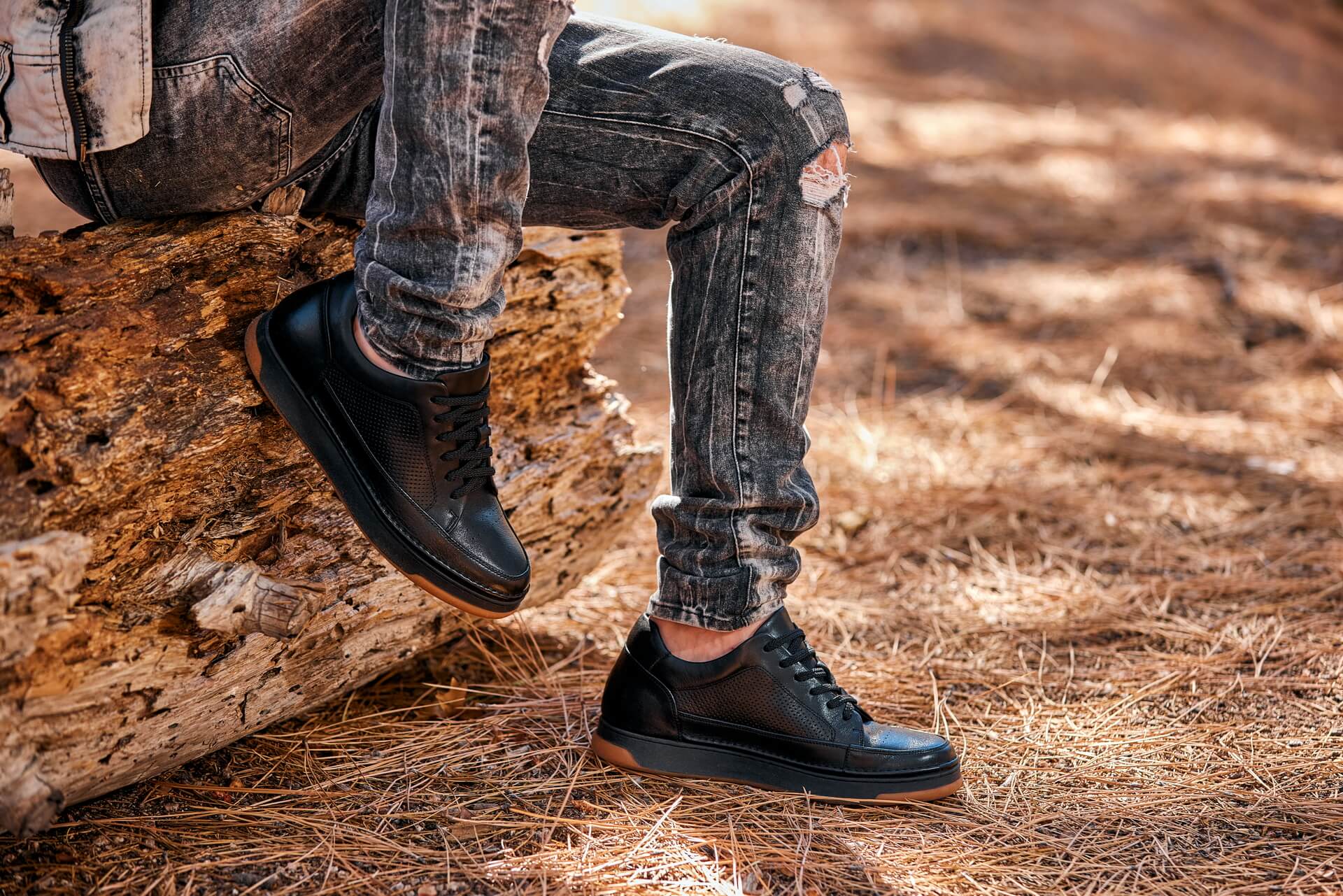 CALTO - Y7931 - 2.6 Inches Taller (Noir/Black & Gum Sole) - Elevated Leather Micro-Perforated Sneakers - WonderingCloth