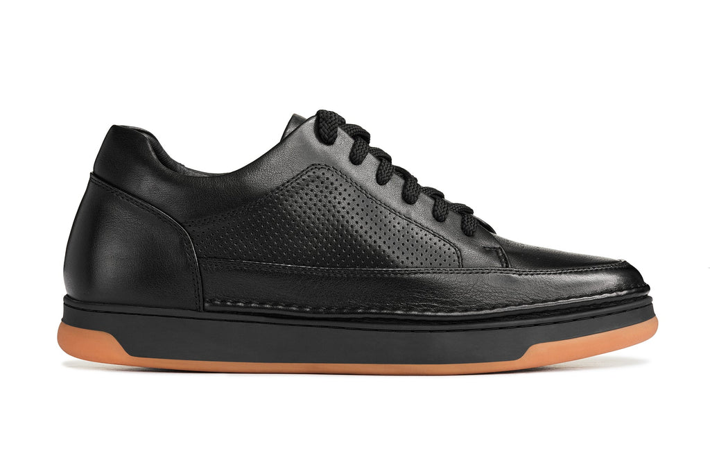CALTO - Y7931 - 2.6 Inches Taller (Noir/Black & Gum Sole) - Elevated Leather Micro-Perforated Sneakers - WonderingCloth