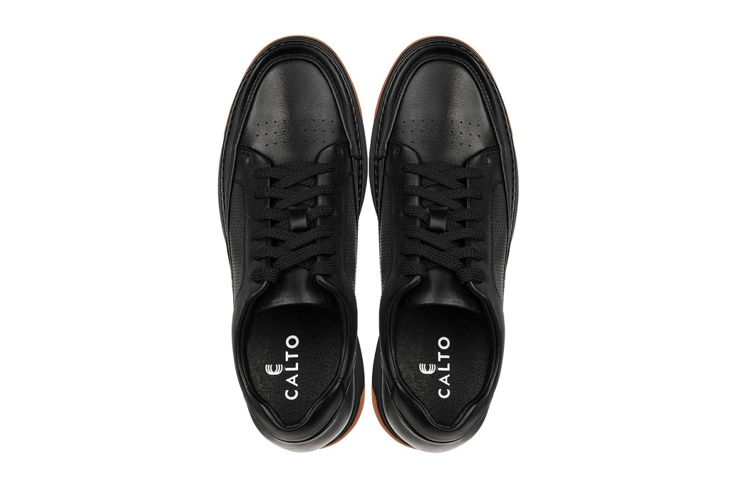 CALTO - Y7931 - 2.6 Inches Taller (Noir/Black & Gum Sole) - Elevated Leather Micro-Perforated Sneakers - WonderingCloth