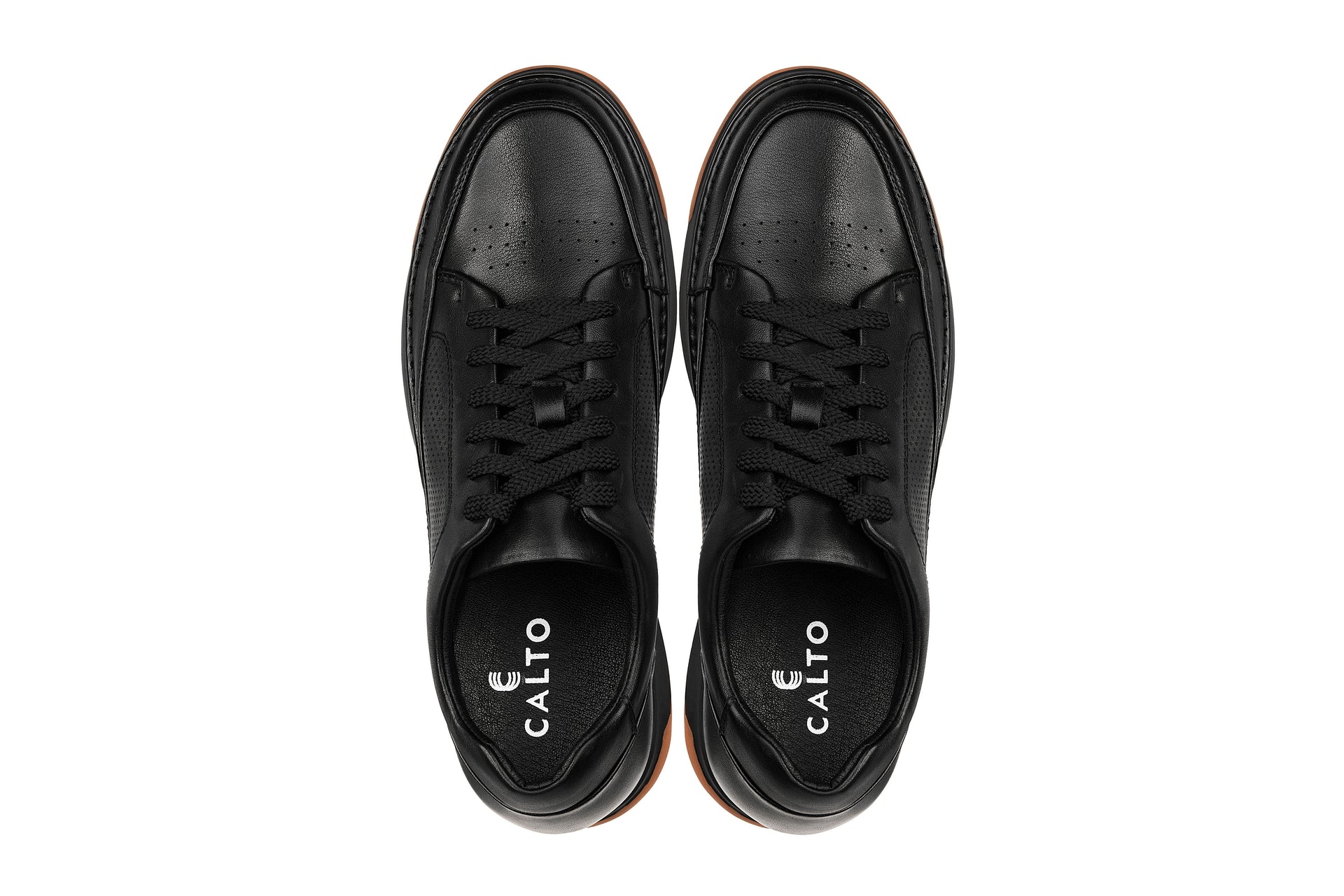 CALTO - Y7931 - 2.6 Inches Taller (Noir/Black & Gum Sole) - Elevated Leather Micro-Perforated Sneakers - WonderingCloth
