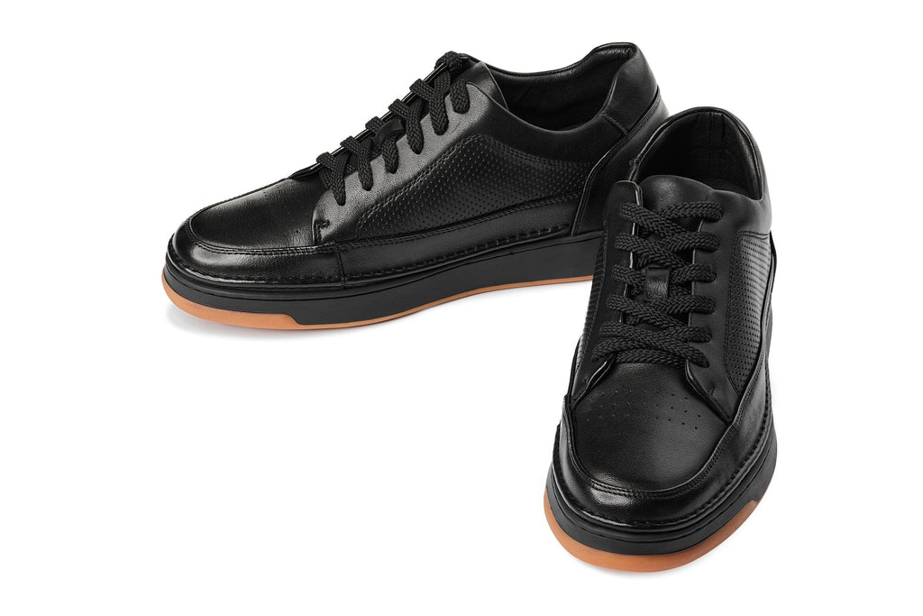 CALTO - Y7931 - 2.6 Inches Taller (Noir/Black & Gum Sole) - Elevated Leather Micro-Perforated Sneakers - WonderingCloth