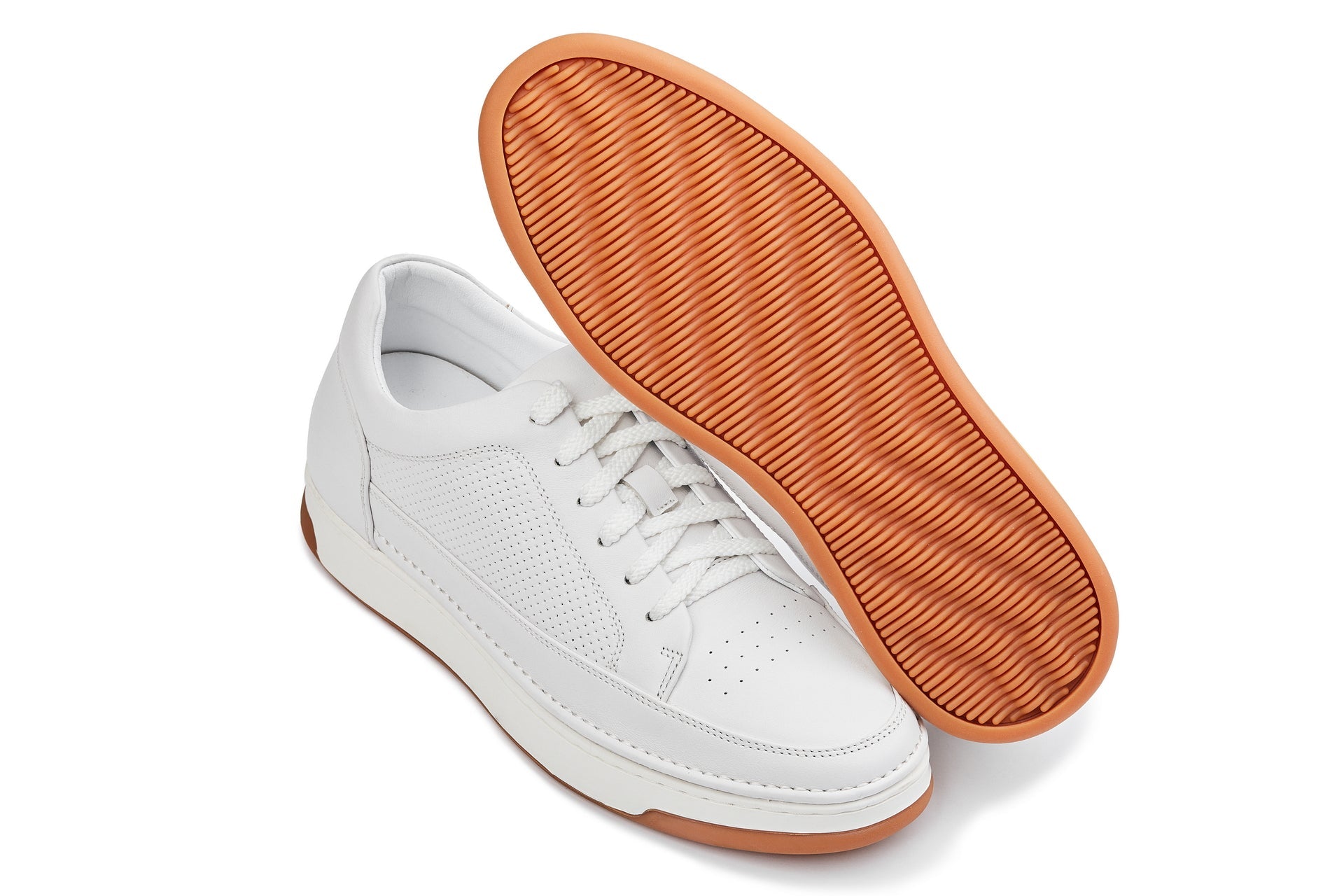 CALTO - Y7932 - 2.6 Inches Taller (White/Off-White & Gum Sole) - Elevated Micro-Perforated Leather Sneakers - WonderingCloth