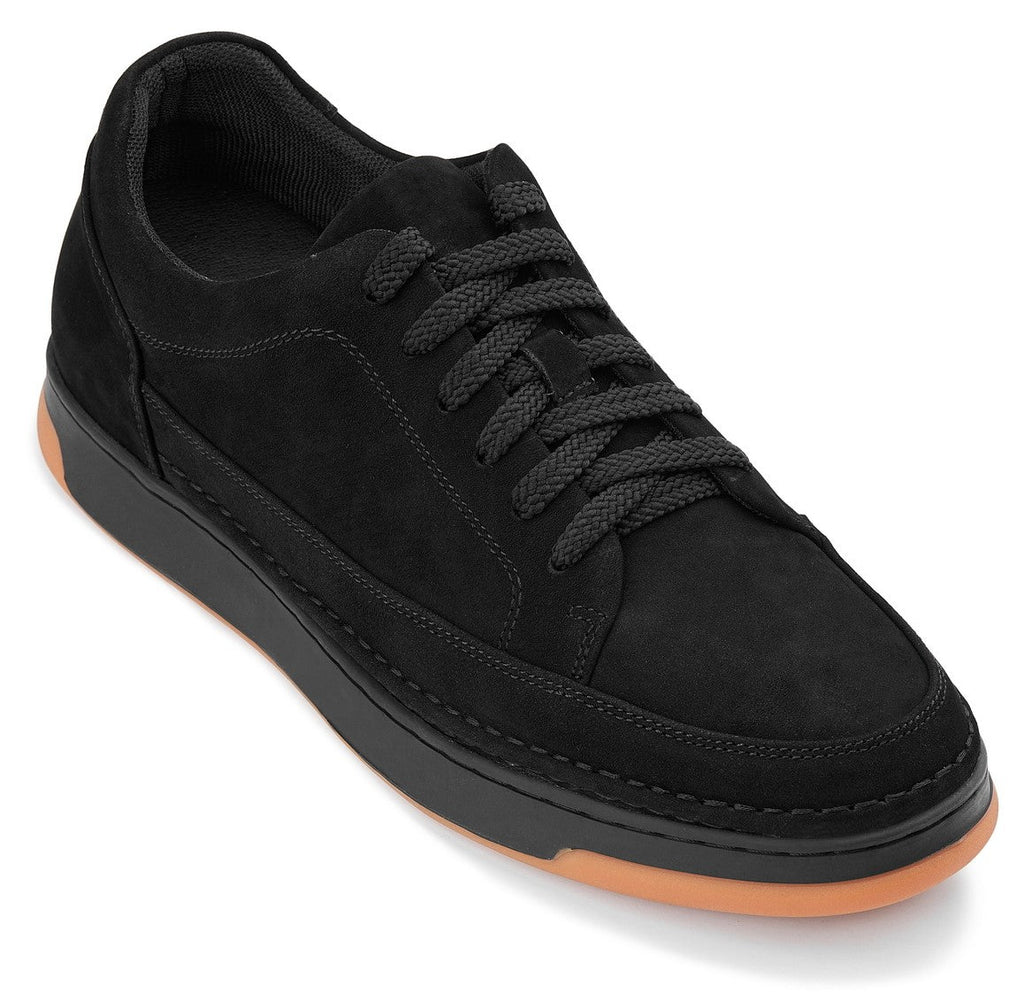 CALTO - Y7933 - 2.6 Inches Taller (Noir Suede/Black & Gum Sole) - Elevated Suede Sneakers - WonderingCloth