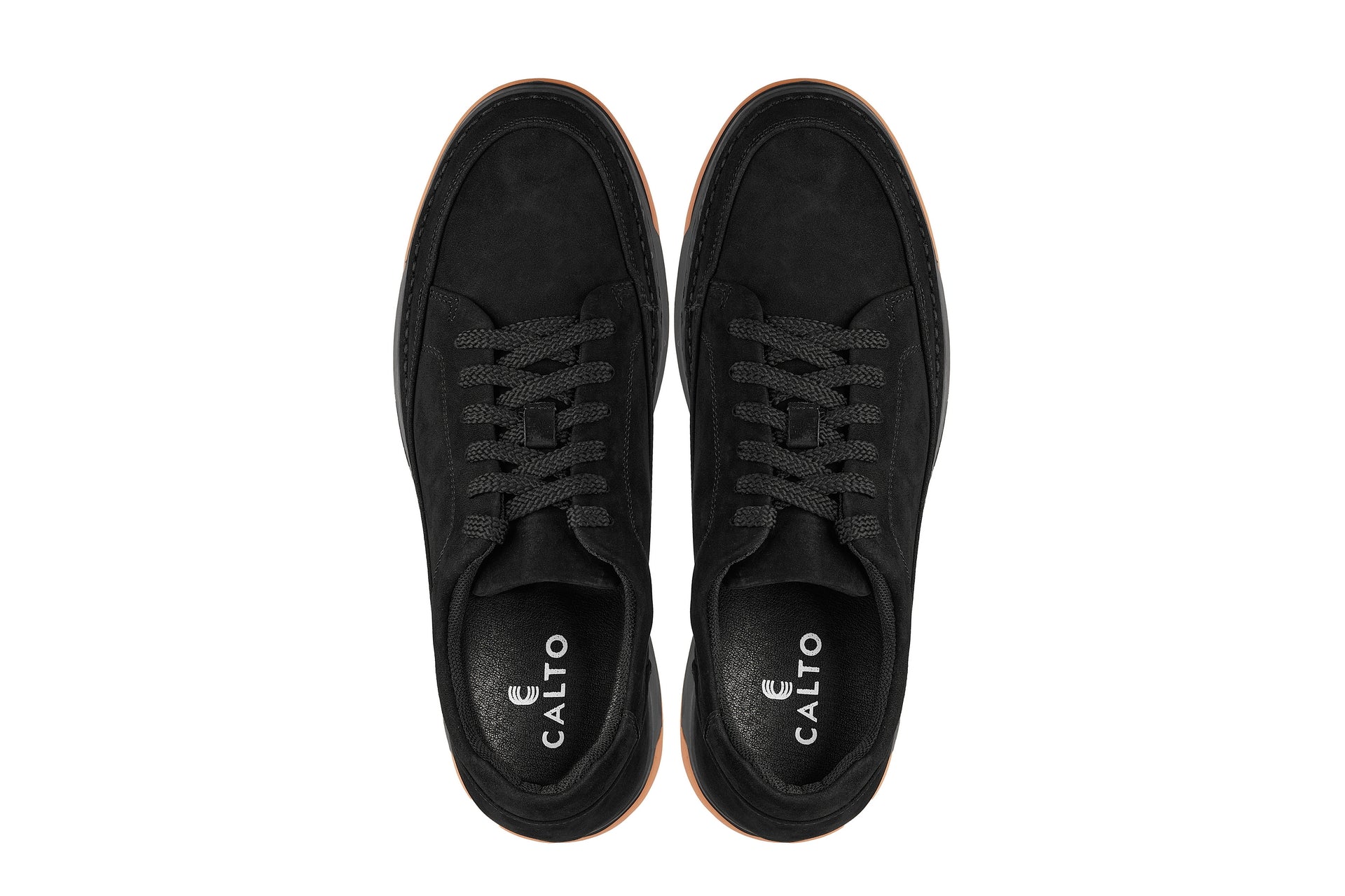 CALTO - Y7933 - 2.6 Inches Taller (Noir Suede/Black & Gum Sole) - Elevated Suede Sneakers - WonderingCloth