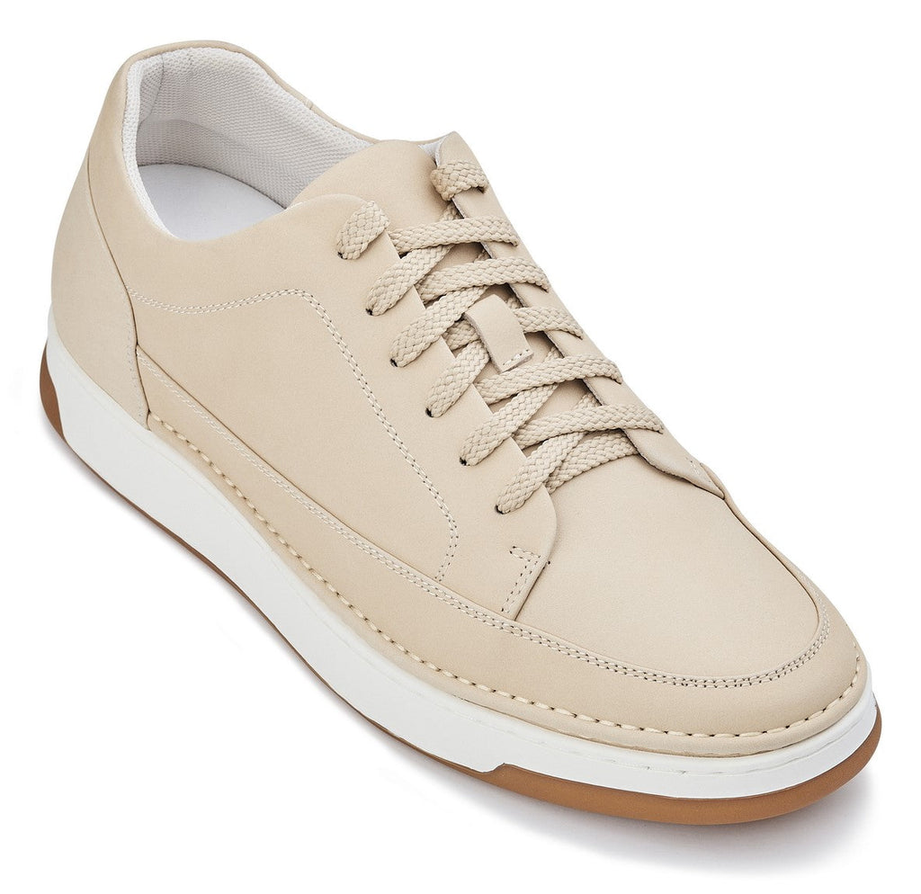CALTO - Y7934 - 2.6 Inches Taller (Ivory White Suede/White & Gum Sole) - Elevated Leather Sneakers - WonderingCloth
