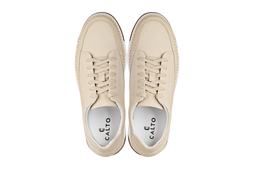 CALTO - Y7934 - 2.6 Inches Taller (Ivory White Suede/White & Gum Sole) - Elevated Leather Sneakers - WonderingCloth