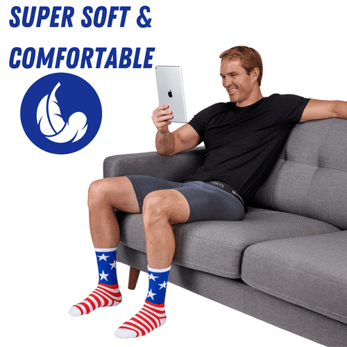Bamboo Sports Red White and Blue Premium Bamboo Rayon Crew Work Socks- Moisture Wicking, Odor Eliminating Red, White, and Blue American Flag 4th of July Socks for Men and Women Gift Box 3 Pair - WonderingCloth