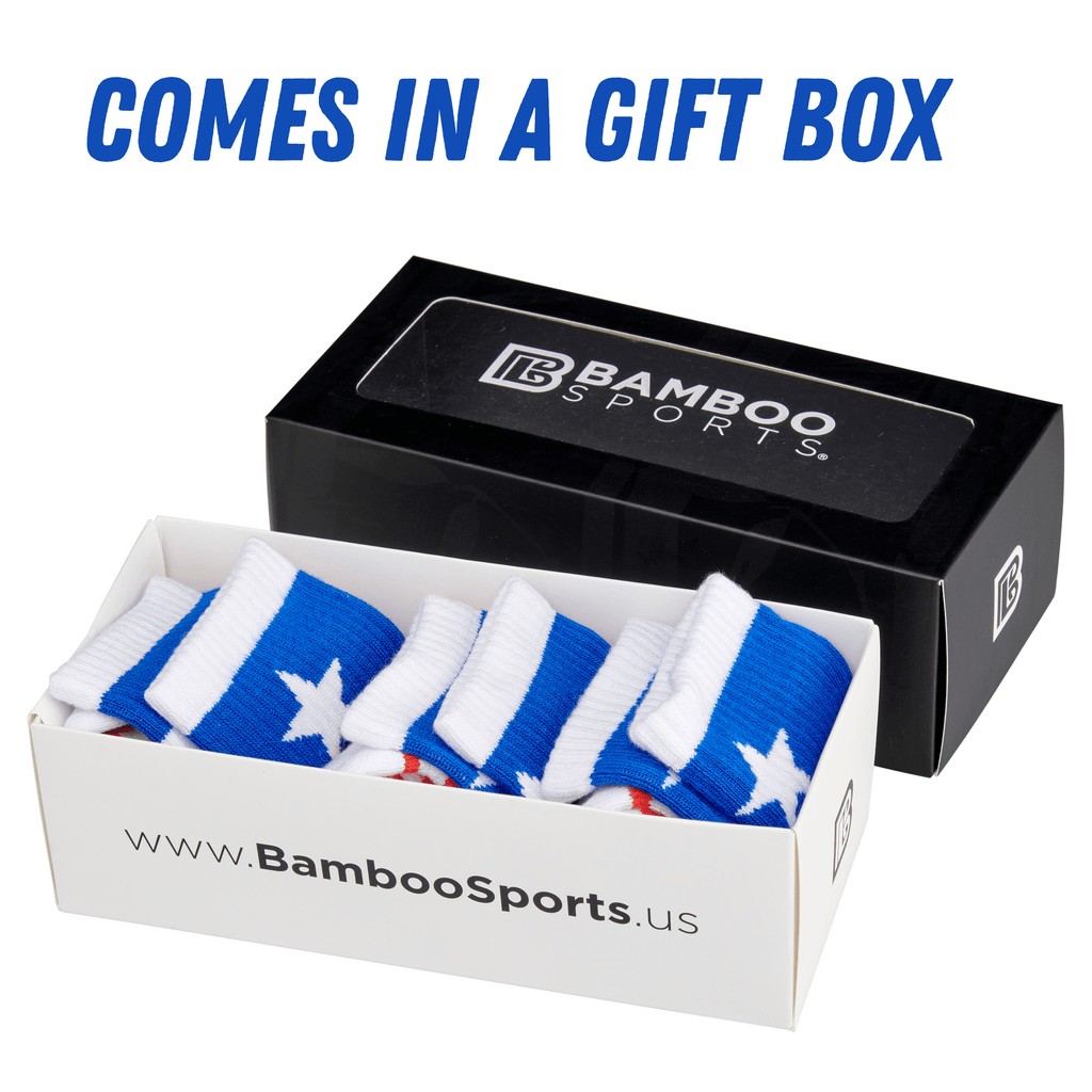 Bamboo Sports Red White and Blue Premium Bamboo Rayon Crew Work Socks- Moisture Wicking, Odor Eliminating Red, White, and Blue American Flag 4th of July Socks for Men and Women Gift Box 3 Pair - WonderingCloth