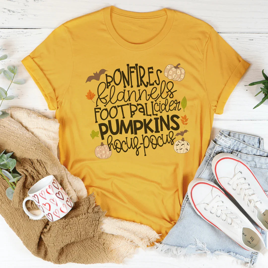Bonfires Flannels Football Cider Pumpkins Hocus Pocus Tee - WonderingCloth