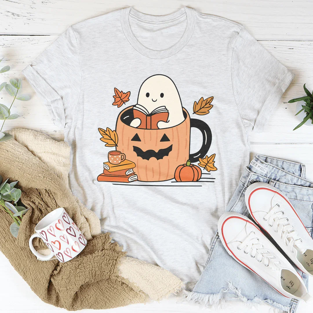 Cute Bookish Ghost In A Pumpkin Cup Tee - WonderingCloth
