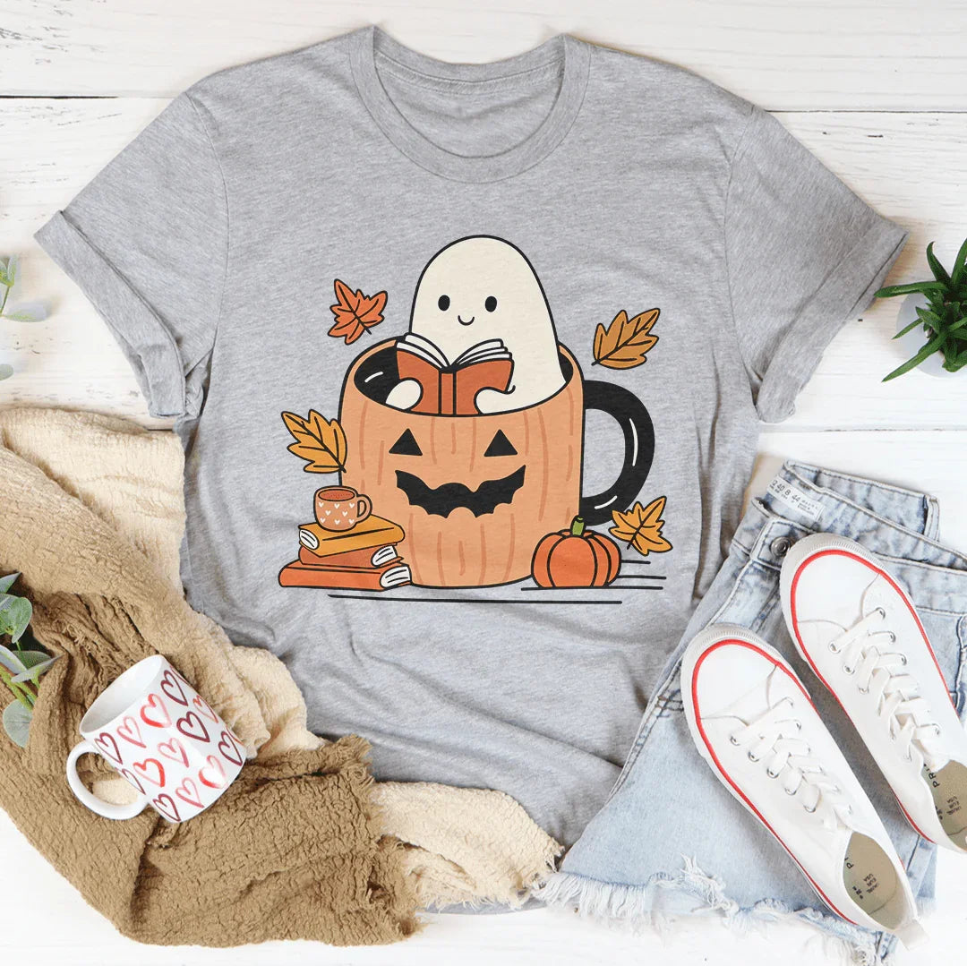 Cute Bookish Ghost In A Pumpkin Cup Tee - WonderingCloth