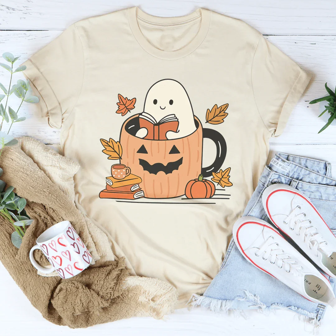 Cute Bookish Ghost In A Pumpkin Cup Tee - WonderingCloth