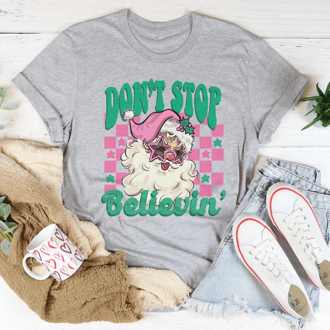 Don't Stop Believin Pink Santa Tee - WonderingCloth