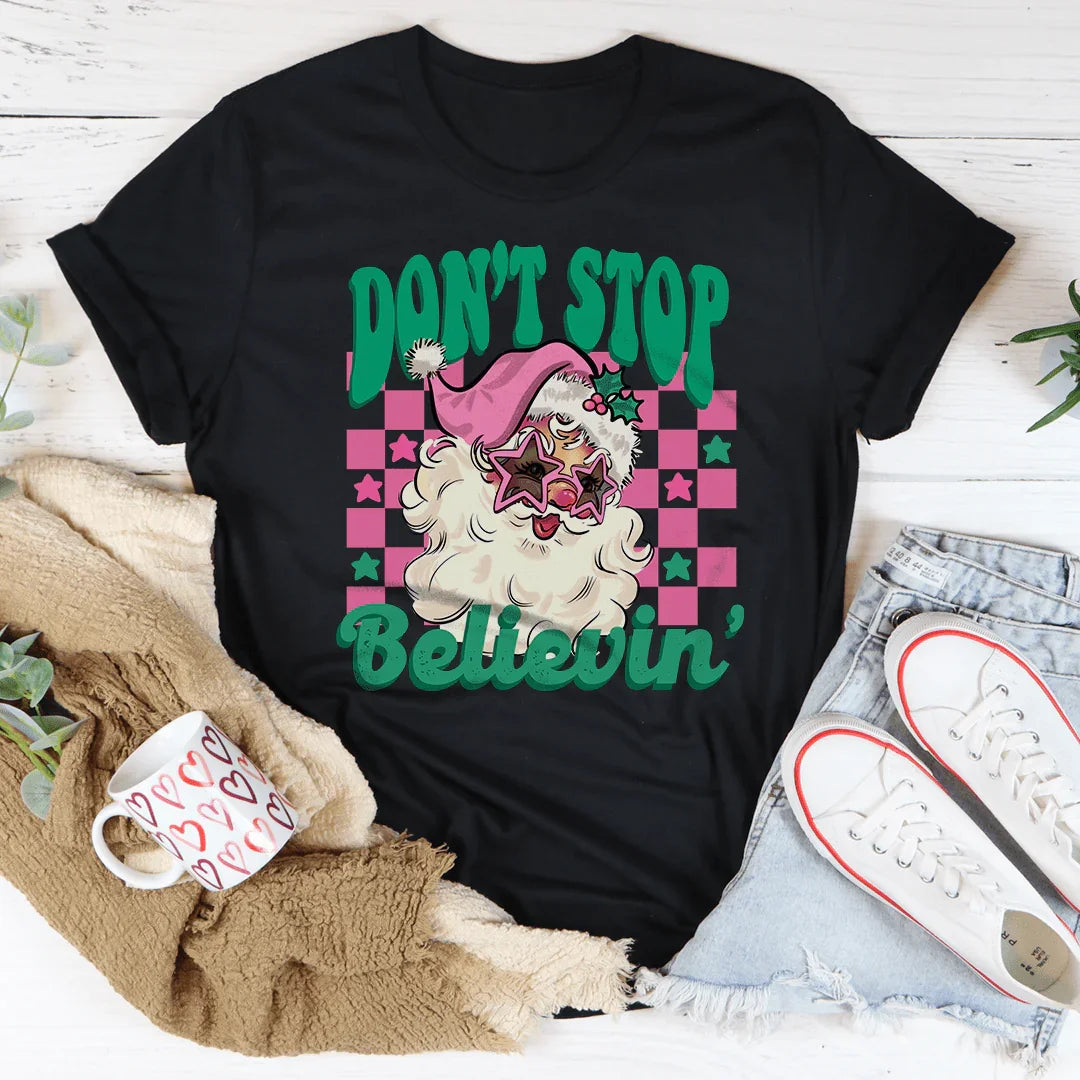 Don't Stop Believin Pink Santa Tee - WonderingCloth