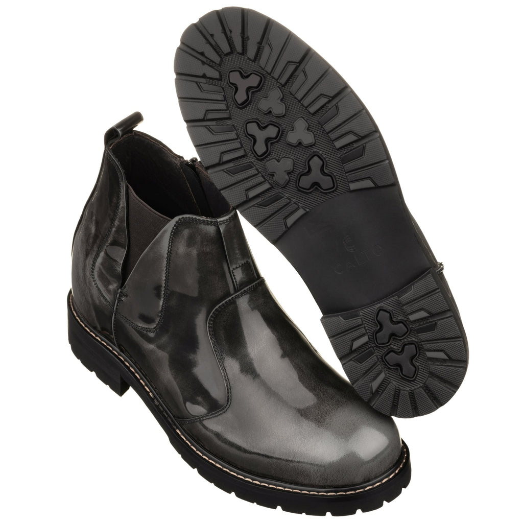 CALTO - K8991 - 3.6 Inches Taller (Grey) - Patent Leather Boot - WonderingCloth