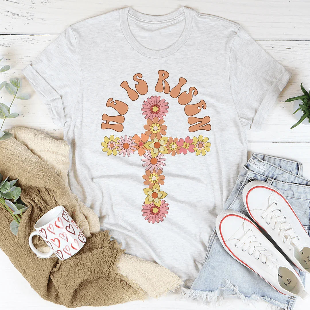 He Is Risen Floral Cross Tee - WonderingCloth