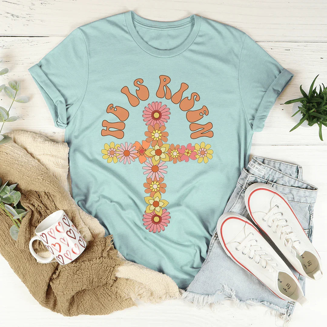 He Is Risen Floral Cross Tee - WonderingCloth