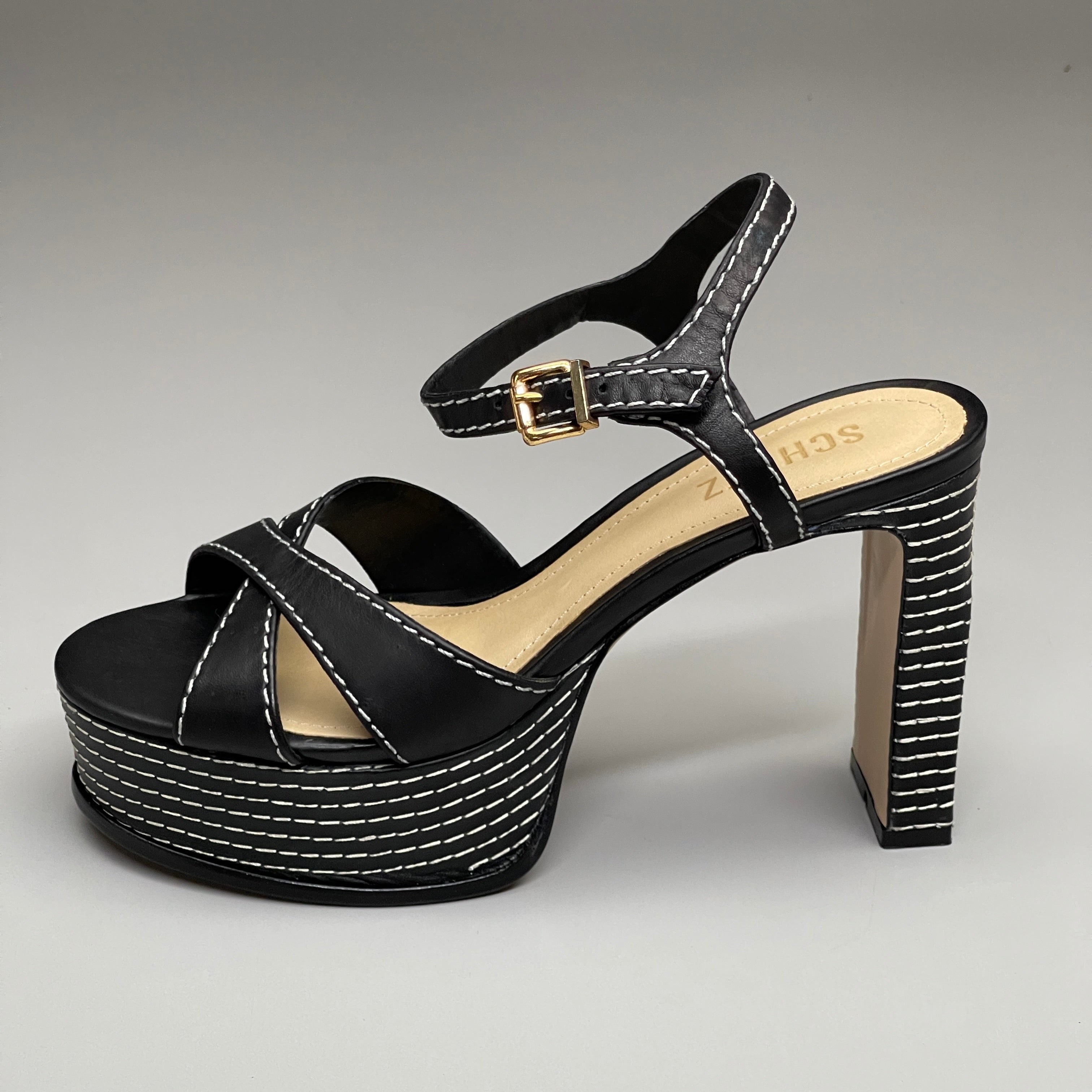 SCHUTZ Keefa Casual Women's Leather Sandal Black Platform 4" Heel Shoes Sz 8.5B - WonderingCloth