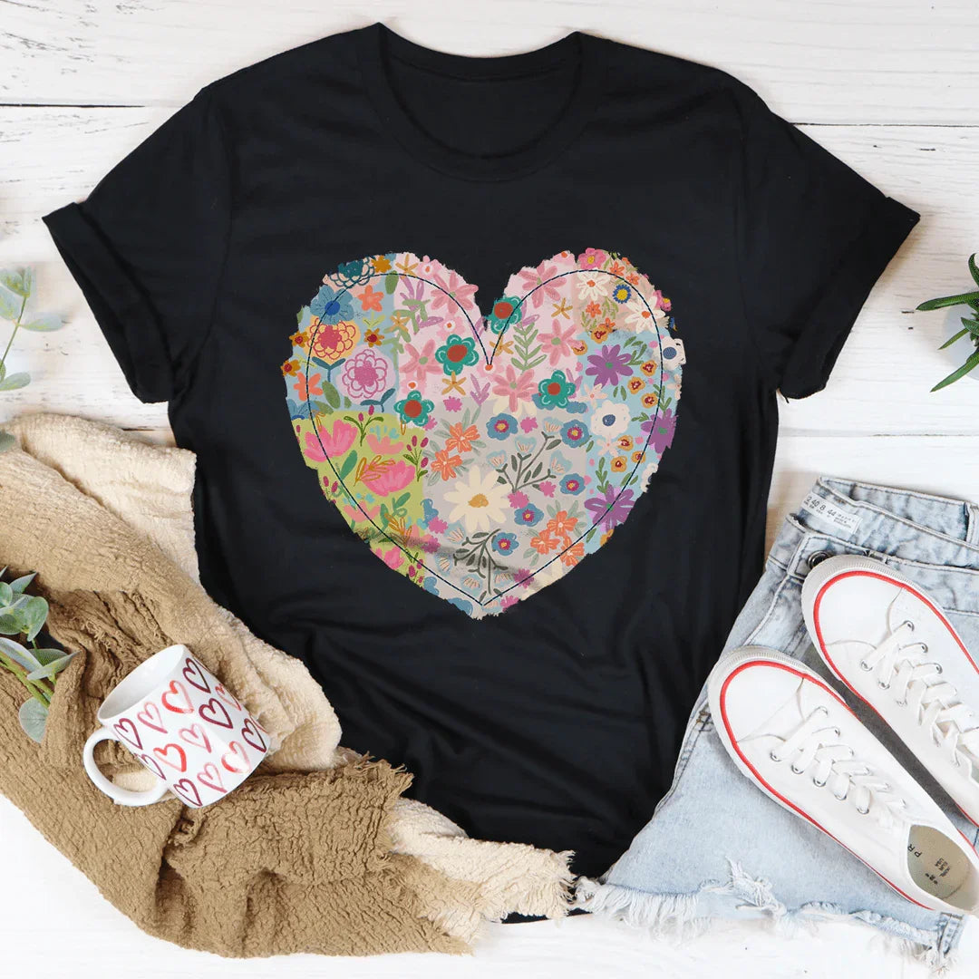 Patch Work Floral Heart Tee - WonderingCloth