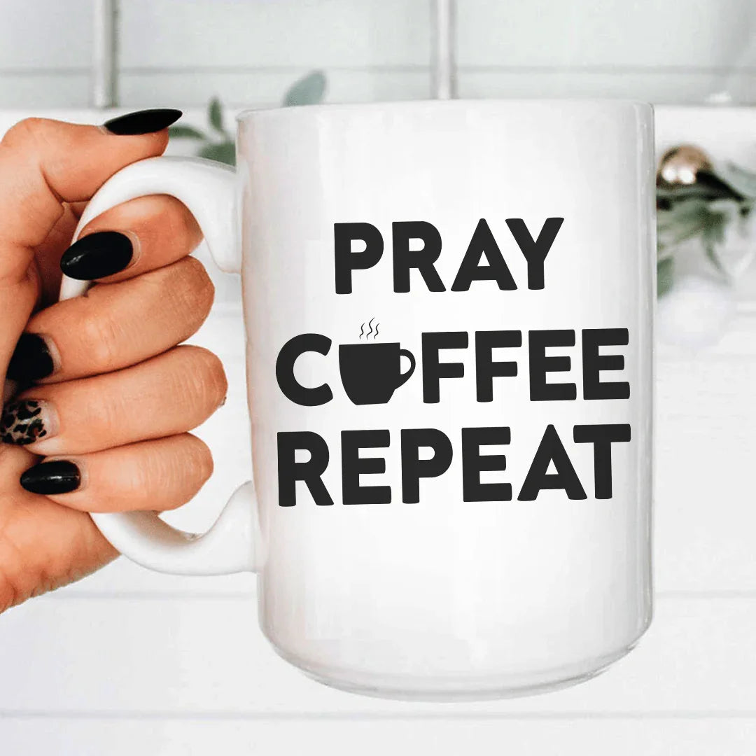Pray Coffee Repeat Ceramic Mug 15 oz - WonderingCloth