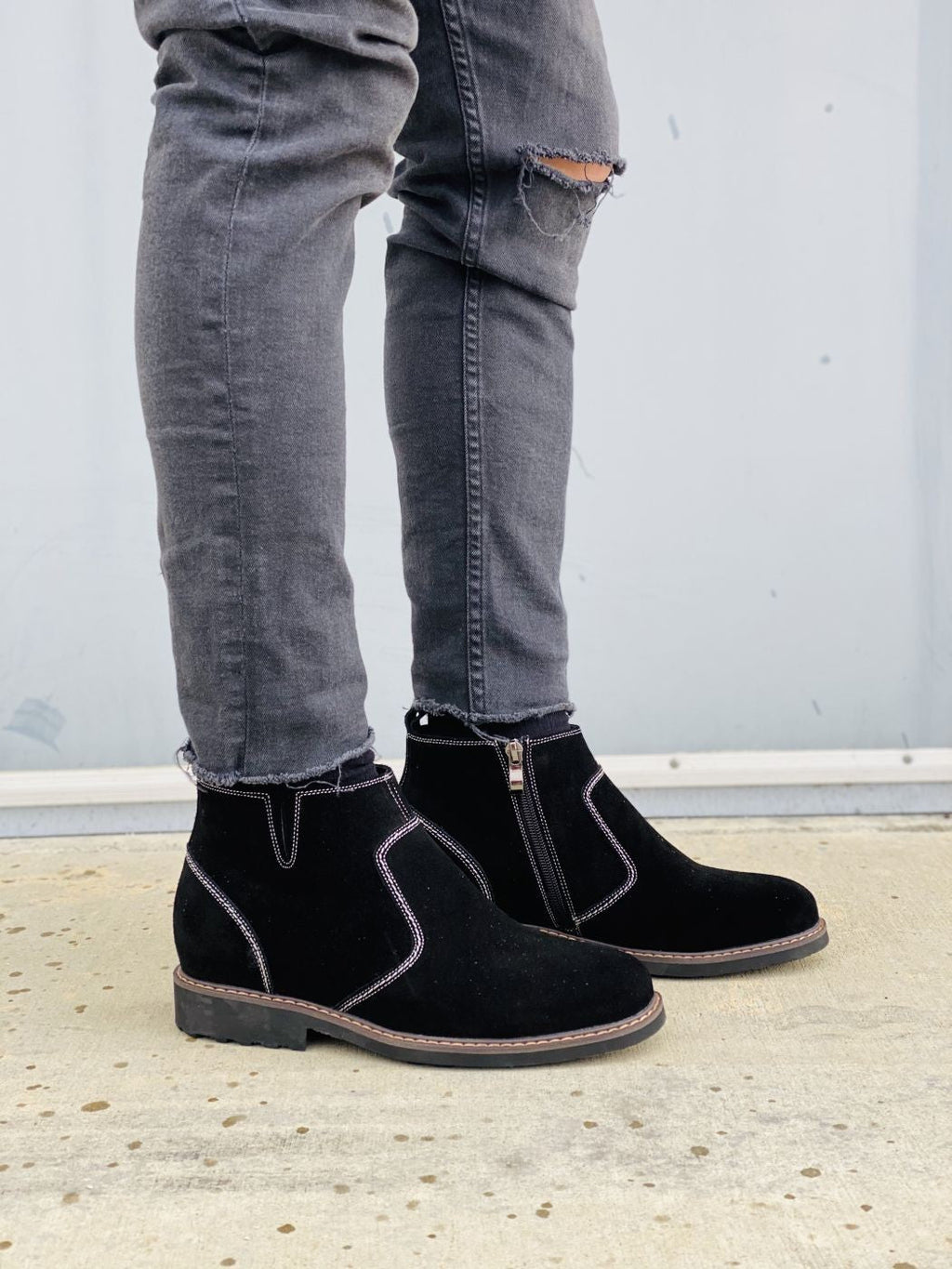 CALTO - Y41082 - 3.2 Inches Taller (Nubuck Black) - Zipper Boots - WonderingCloth