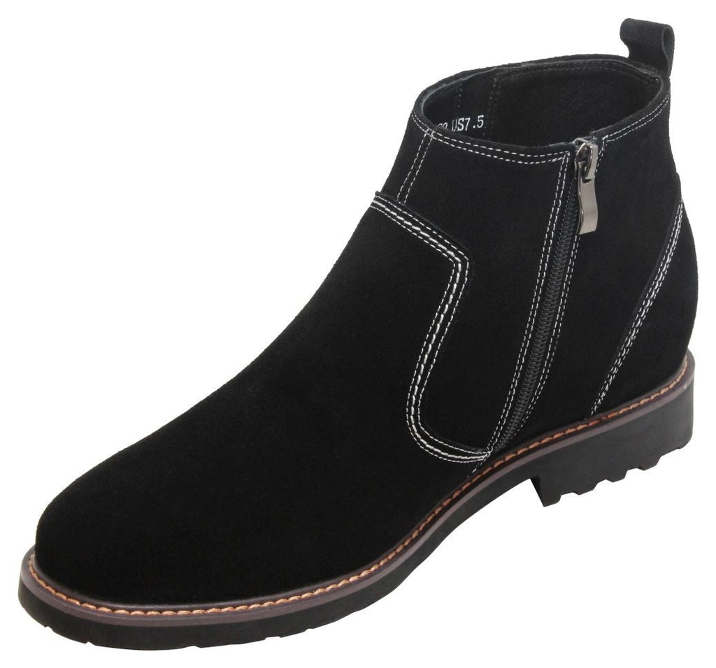CALTO - Y41082 - 3.2 Inches Taller (Nubuck Black) - Zipper Boots - WonderingCloth