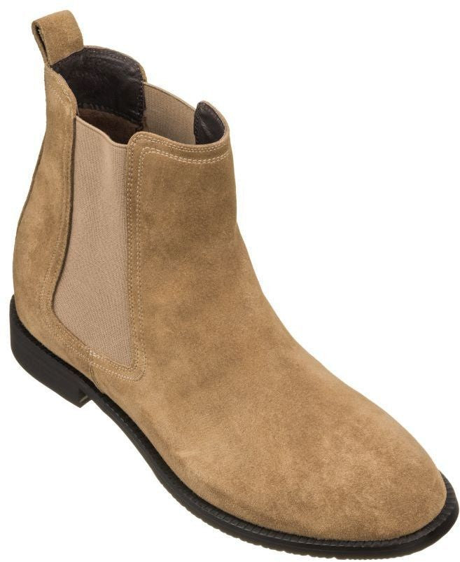 CALTO - K33091 - 2.9 Inches Taller (Khaki Brown) - Suede Chelsea Boot - WonderingCloth