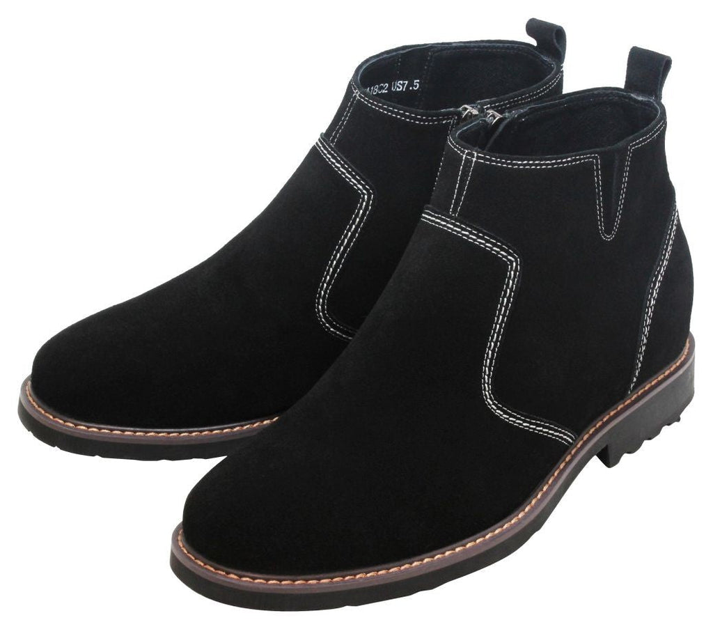 CALTO - Y41082 - 3.2 Inches Taller (Nubuck Black) - Zipper Boots - WonderingCloth