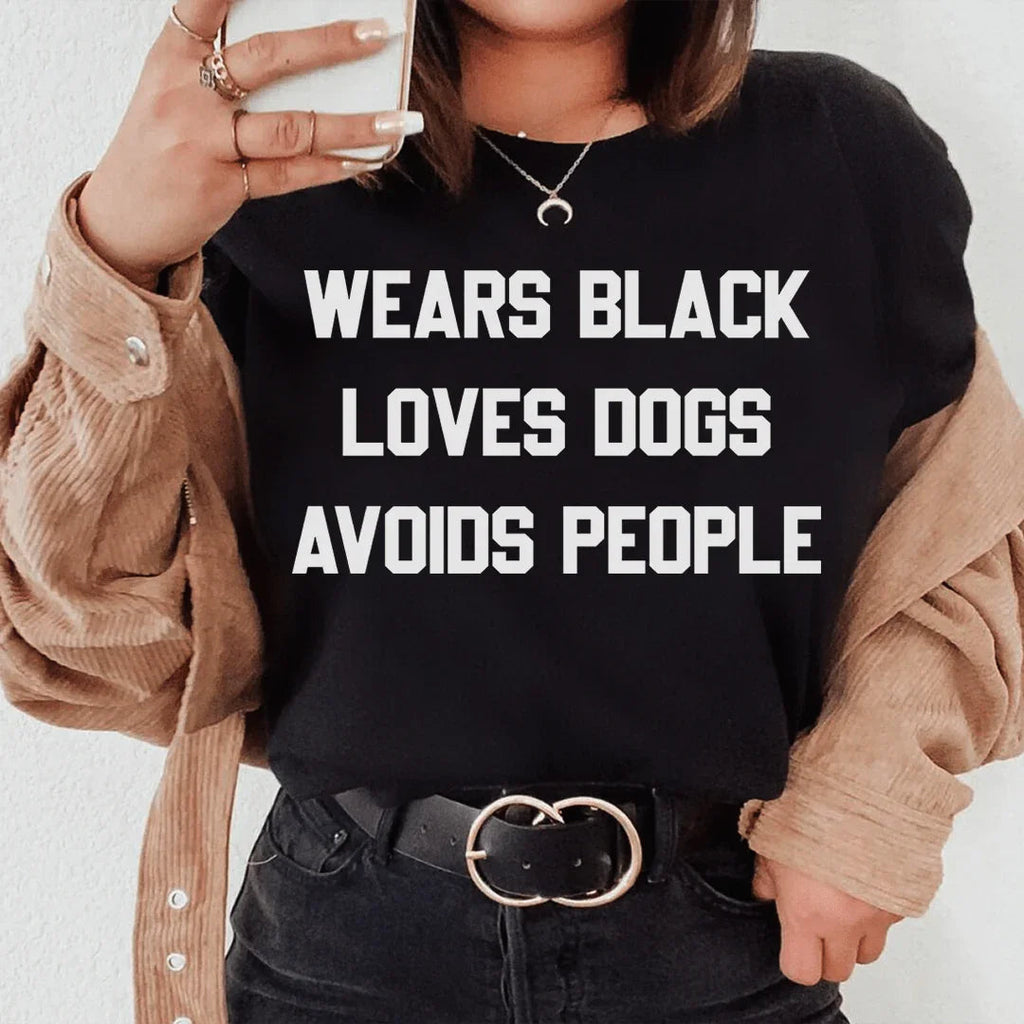 Wears Black Loves Dogs Avoids People Tee - WonderingCloth